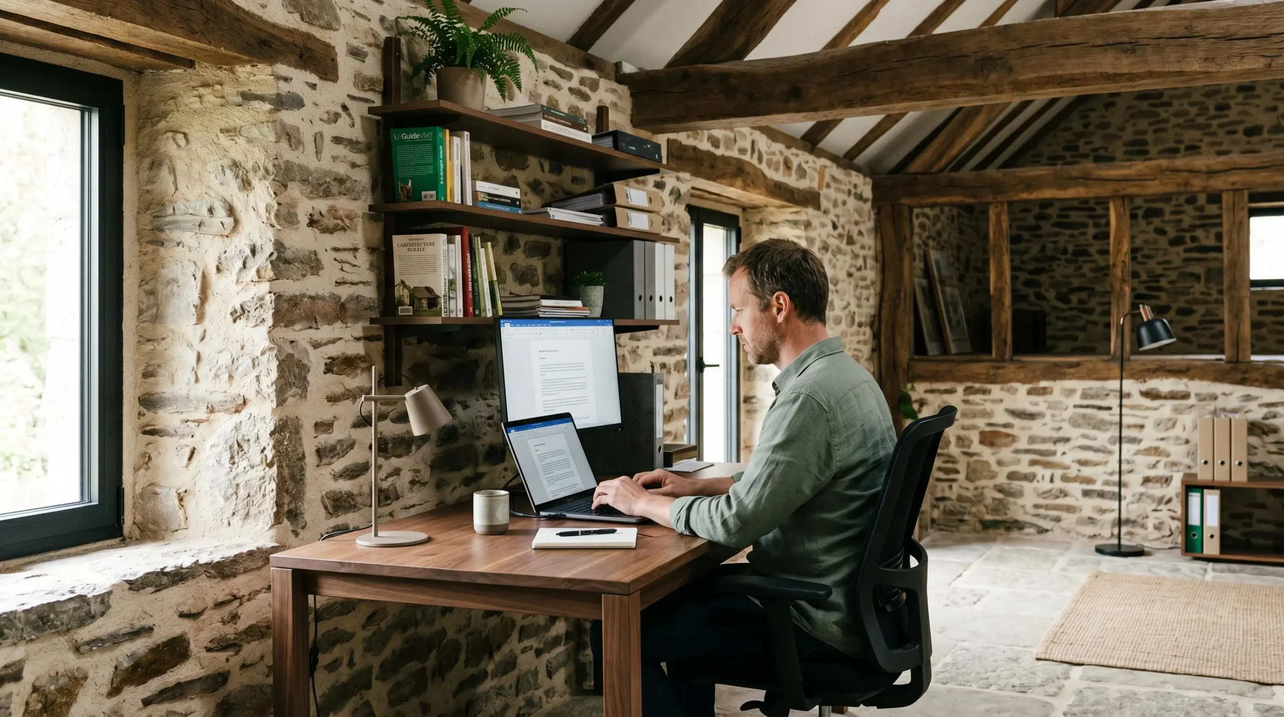 Bureau de télétravail aménagé dans dépendance rénovée avec murs pierre apparente, poutres bois, mobilier contemporain, personne travaillant face ordinateur
