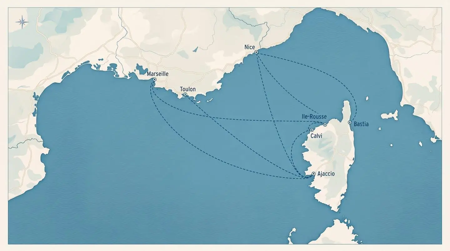 Carte stylisée montrant les liaisons maritimes entre les ports continentaux de Nice, Toulon et Marseille et les ports corses de Bastia, Ajaccio, Calvi et Ile-Rousse