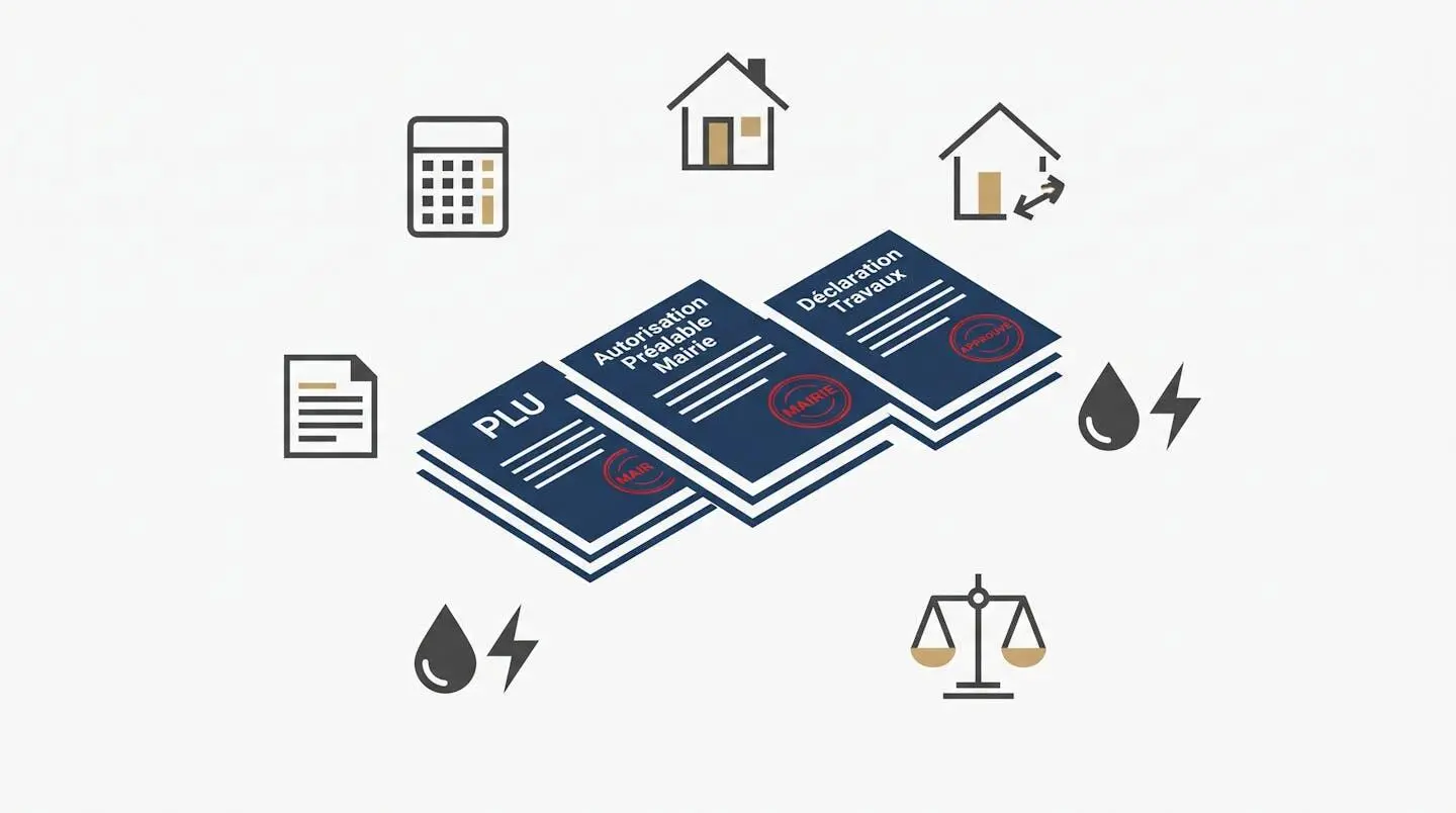 Illustration plate montrant trois piles de documents administratifs français (PLU, autorisations, déclarations) avec tampons mairie rouges, entourées d'icônes représentant fiscalité, réglementation, raccordements et changement destination