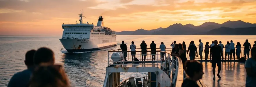 Un ferry naviguant en mer Méditerranée au coucher du soleil vers la Corse, vue depuis le pont supérieur