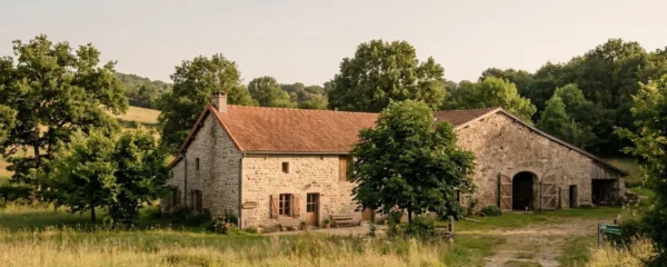 Maison traditionnelle corrézienne en pierre avec grange attenante, toiture en tuiles, environnement rural préservé sous lumière dorée de fin de journée