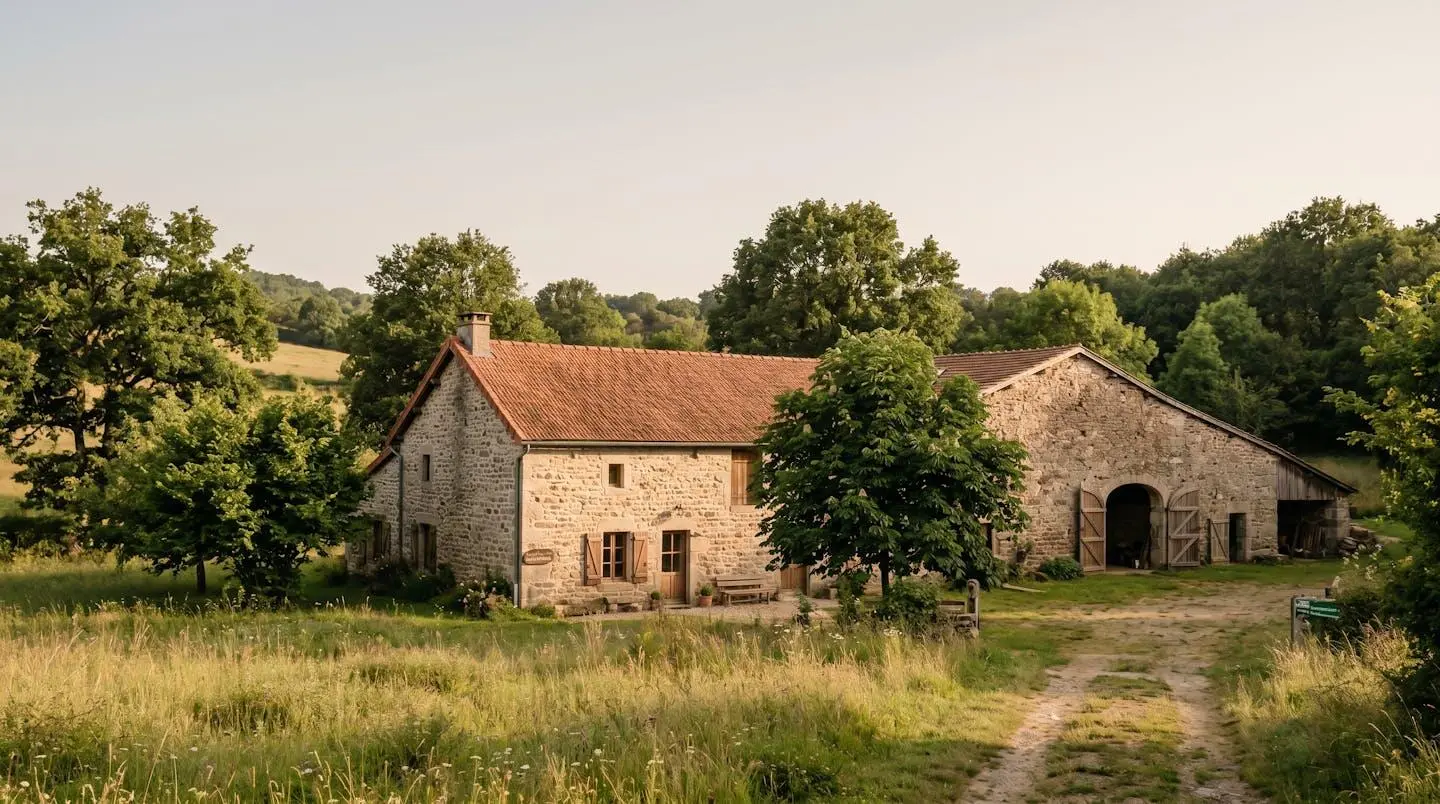 Maison traditionnelle corrézienne en pierre avec grange attenante, toiture en tuiles, environnement rural préservé sous lumière dorée de fin de journée