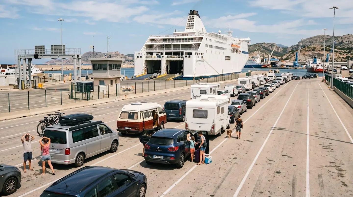 File de voitures attendant l'embarquement sur un ferry en direction de la Corse dans un port du sud de la France