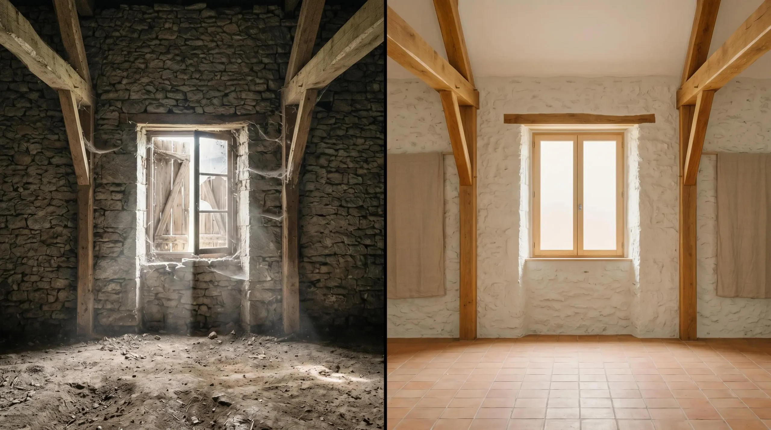 Image split montrant transformation grange corrézienne : gauche état abandonné avec murs pierre brute et sol terre battue, droite même espace rénové en gîte avec murs chaulés blancs et tomettes terre cuite