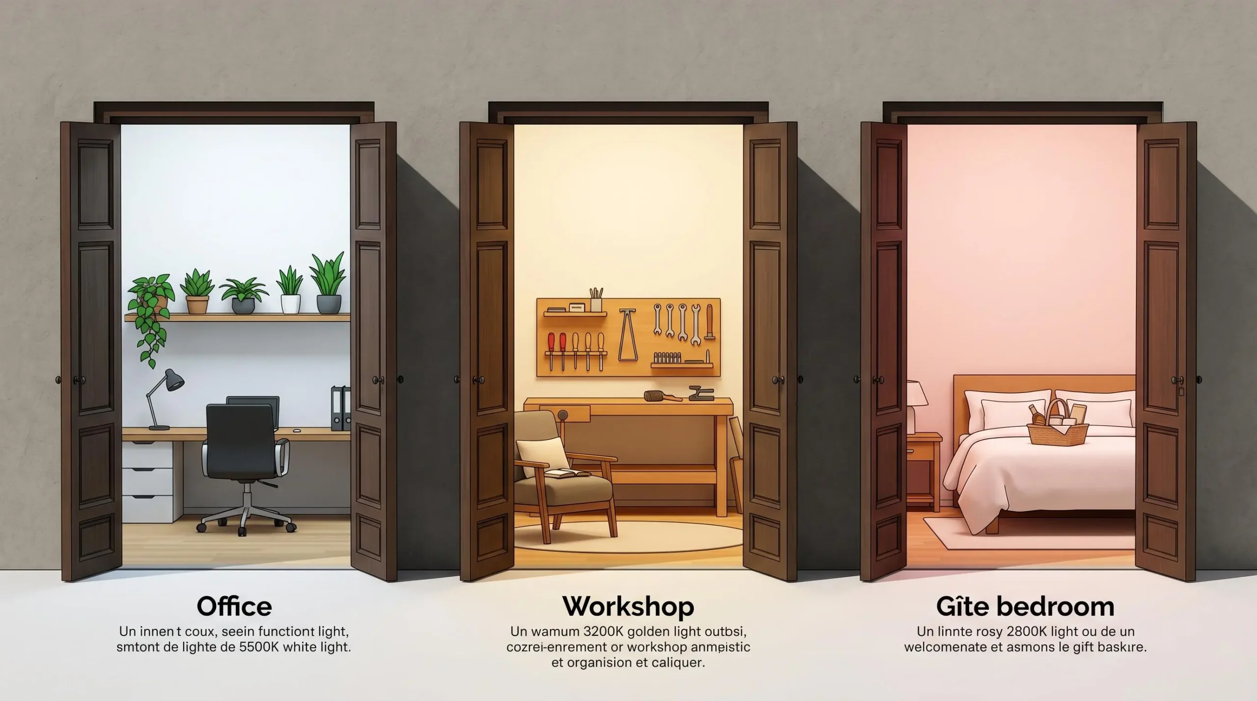 Trois portes anciennes ouvertes dans mur de pierre révélant trois intérieurs distincts : bureau lumineux avec plantes, atelier bois avec outils, chambre gîte avec linge blanc