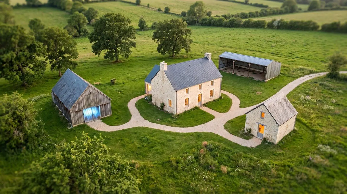 Vue aérienne d'une propriété rurale en pierre avec maison principale et trois dépendances (grange, hangar, atelier) reliées par chemins de gravier dans prairie verdoyante arborée, lumière dorée de fin de journée