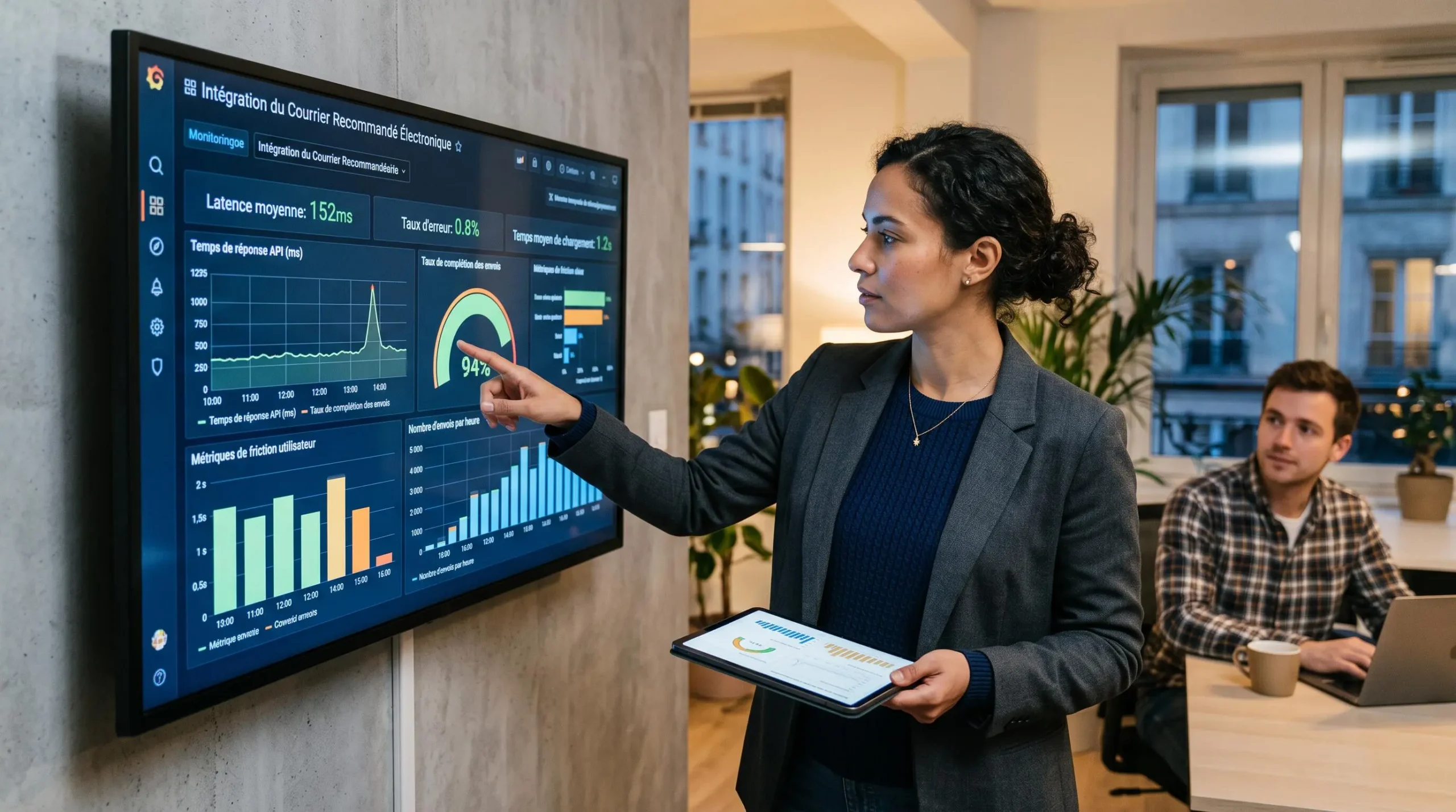 Product manager analyzing performance metrics dashboard for electronic registered mail feature deployment