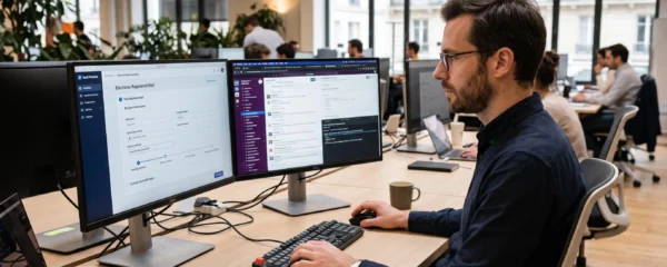 Product manager testing electronic registered mail integration workflow on dual monitors in a modern SaaS office