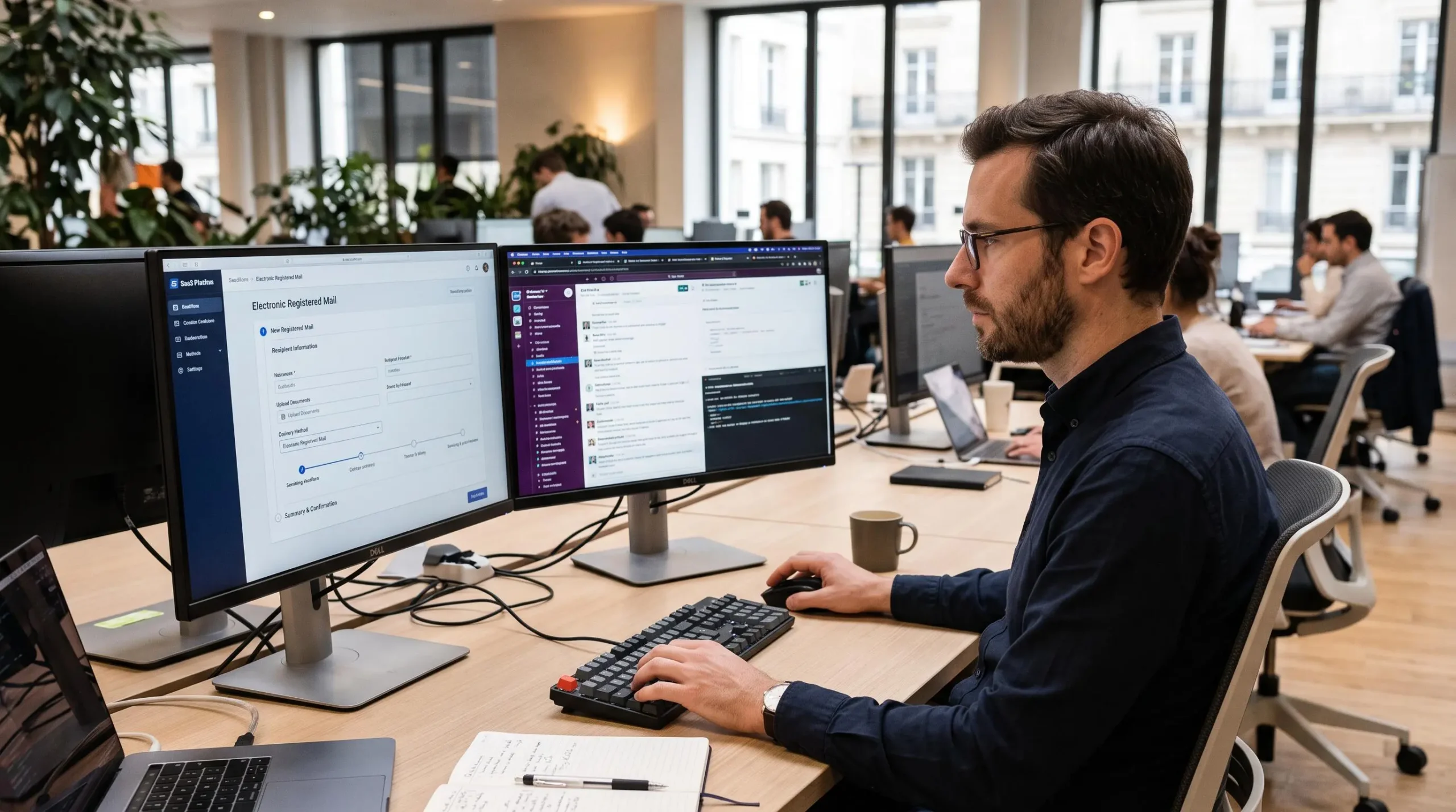Product manager testing electronic registered mail integration workflow on dual monitors in a modern SaaS office