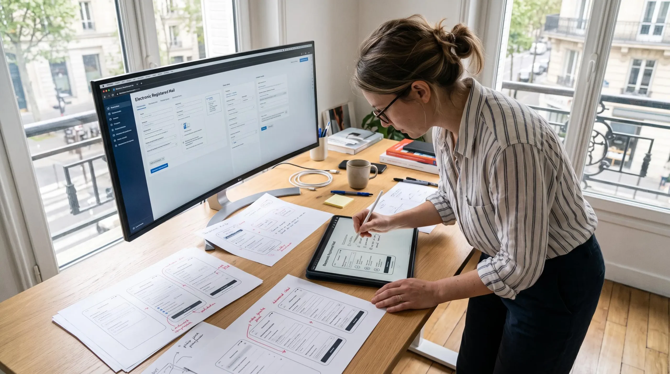 UX designer working on interface mockups showing progressive disclosure patterns for registered mail feature